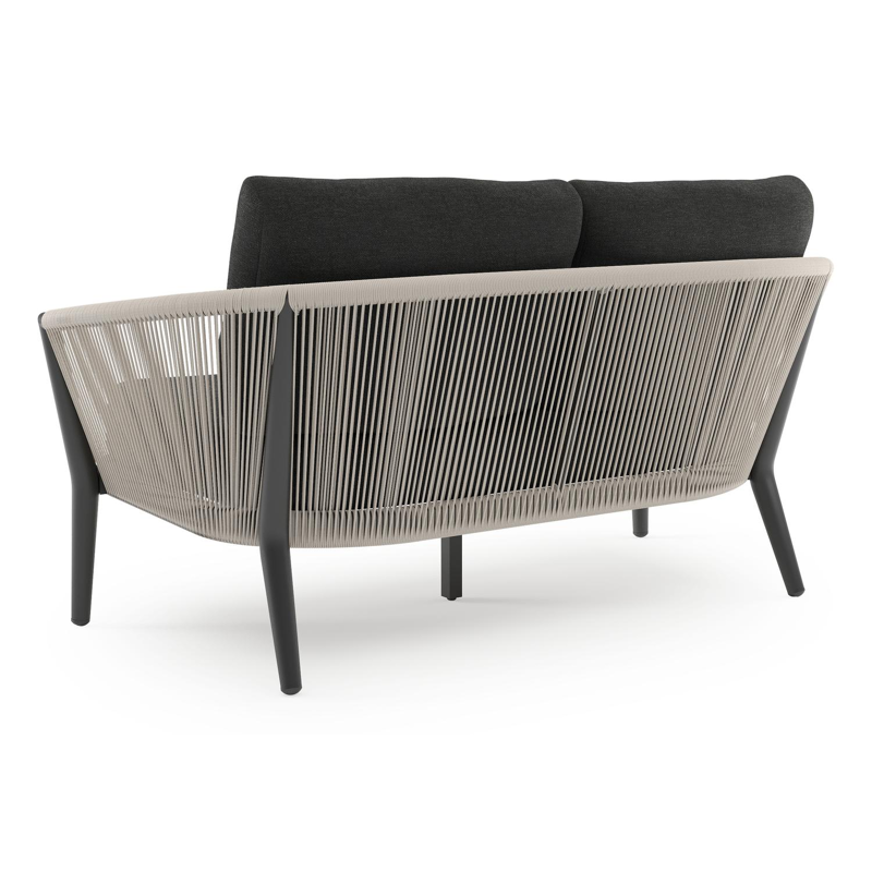 Canapé de jardin Orso en aluminium noir en corde ronde tissée verticalement beige et coussins en all weather sunbrella® luxe Chartres Sooty