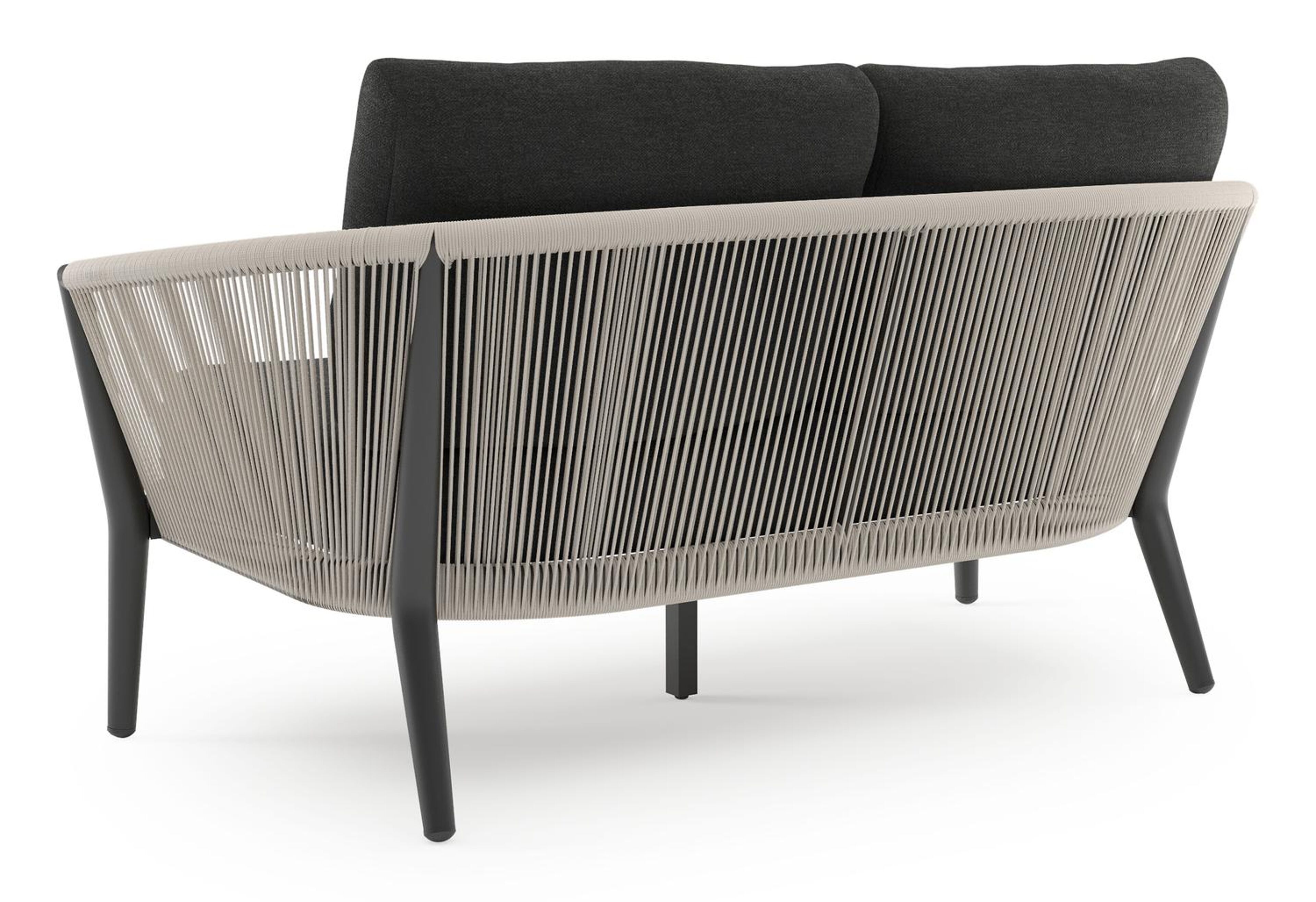 Orso loungebank in zwart aluminium en beige verticaal geweven ronde rope met Chartres Sooty all weather sunbrella® luxe kussen