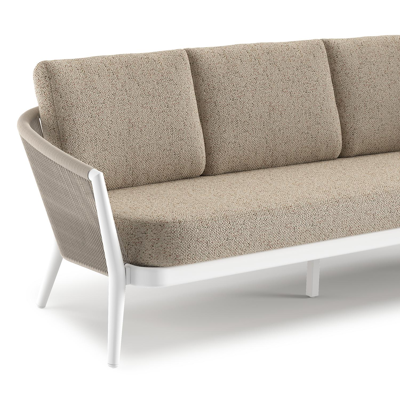 Salon de jardin Orso en aluminium blanc en corde ronde tissée verticalement beige et coussins en all weather cosytica Bora Jungle