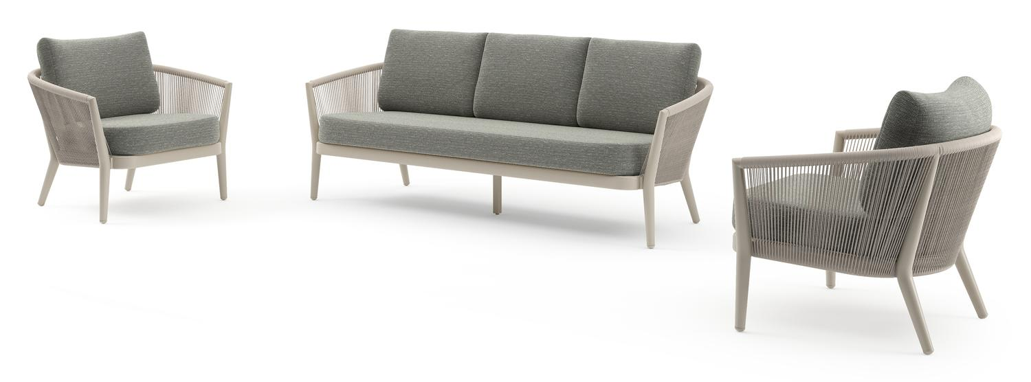 Orso loungeset in beige aluminium en beige verticaal geweven ronde rope met Slow Fern all weather sunbrella® luxe kussen