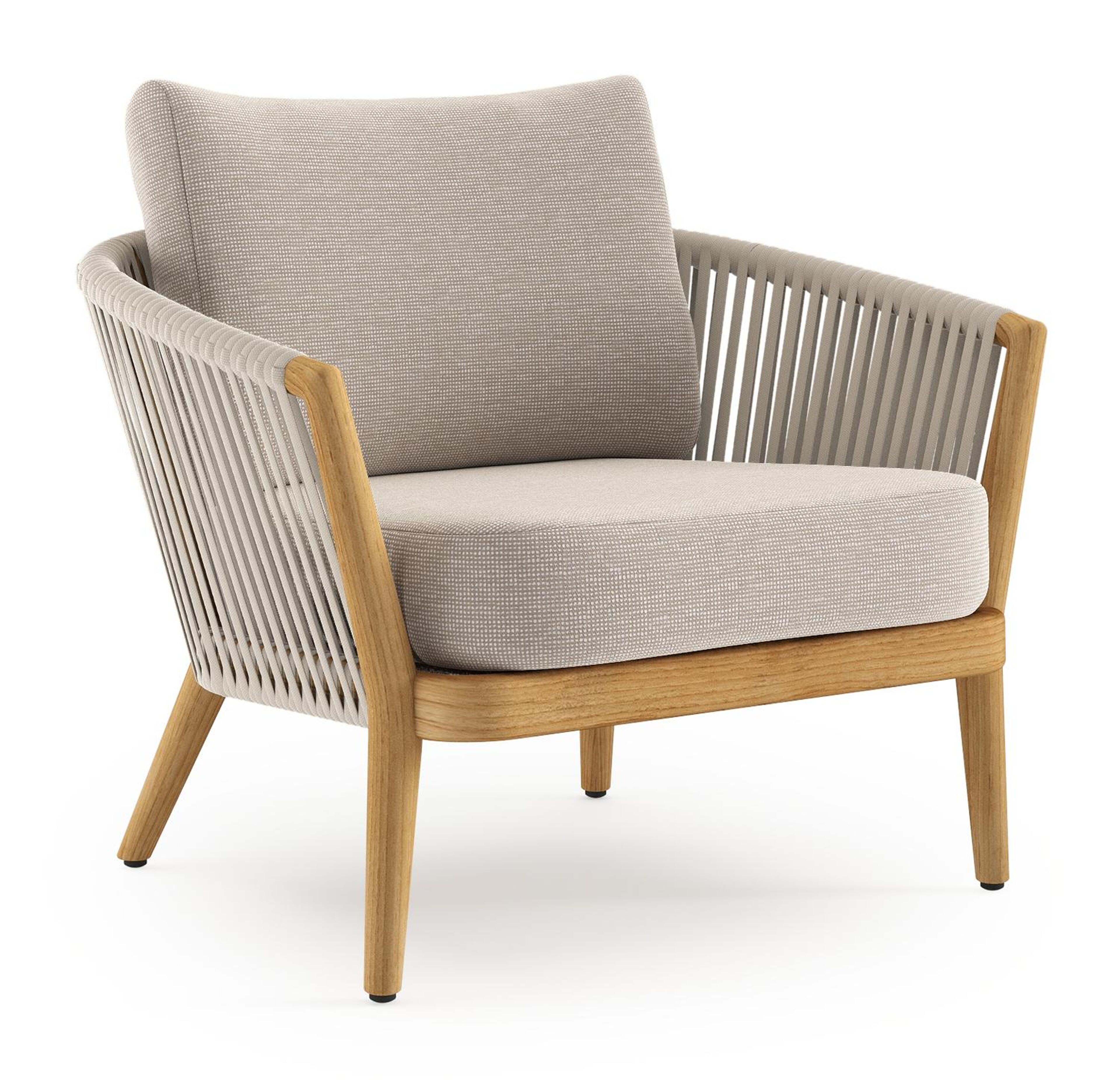 Orso loungestoel in teak en beige verticaal geweven luxe vlakke rope met Slow Farafra all weather sunbrella® luxe kussen