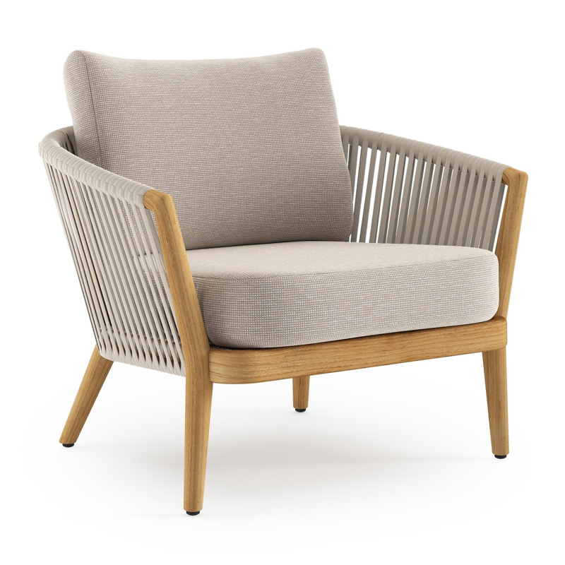 Orso loungestoel in teak en beige verticaal geweven luxe vlakke rope met Slow Farafra all weather sunbrella® luxe kussen