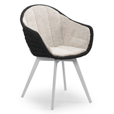 Pagino tuinstoel in wit aluminium en zwart ronde wicker met zitkussen in All Weather Sunbrella® Luxe Tundra Sand