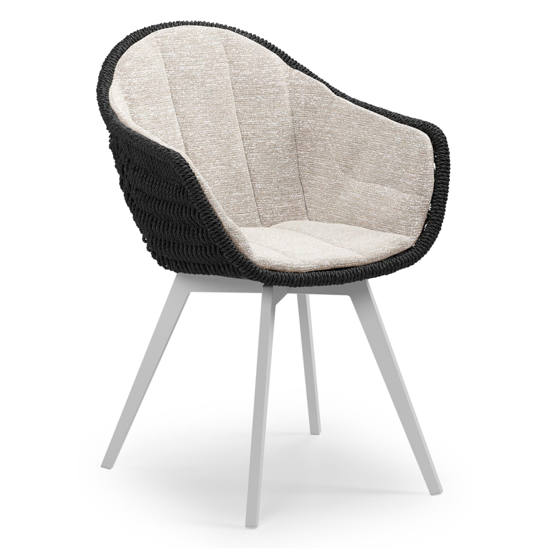 Pagino tuinstoel in wit aluminium en zwart ronde wicker met zitkussen in All Weather Sunbrella® Luxe Tundra Sand