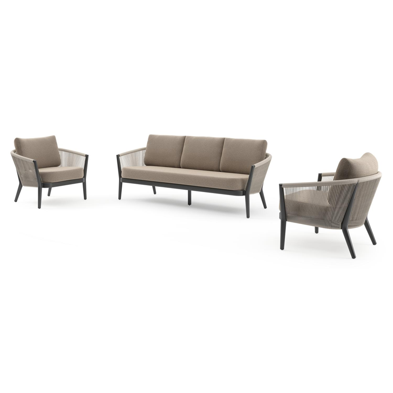 Orso loungeset in zwart aluminium en beige verticaal geweven ronde rope met Firenze Earth all weather solica kussen