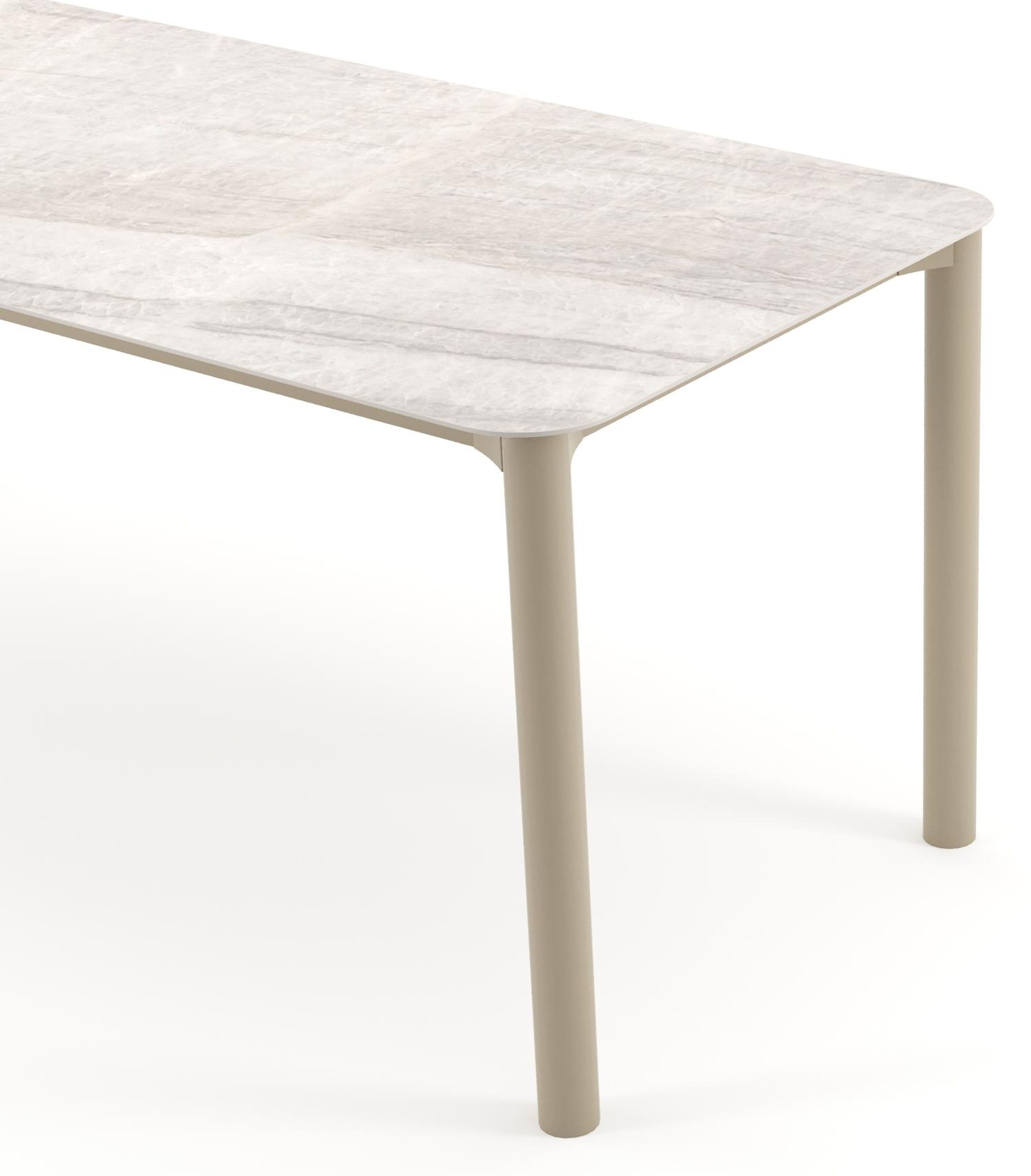 Table de jardin Orso rectangulaire arrondi en aluminium beige et céramique pleine Taj Mahal - Lg. 200 x Lrg. 80 x Haut. 74.5 cm