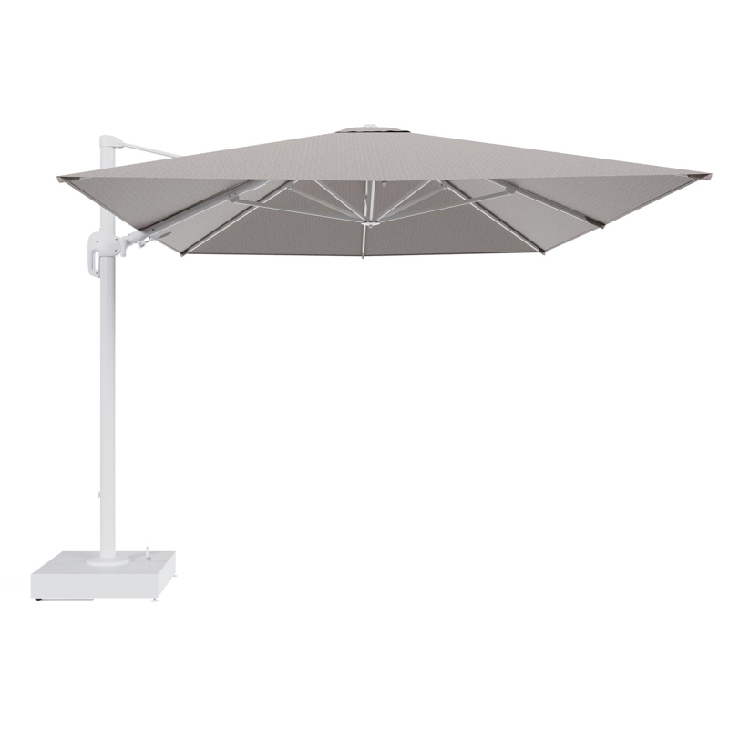 Parasol pendant Rufina avec fonction tilt en aluminium blanc et toile de parasol All Weather Sunbrella® Luxe Wander Granite - Lg.1 400 x Lg.2 300 cm avec pied de parasol Minore 150 kg avec roulettes