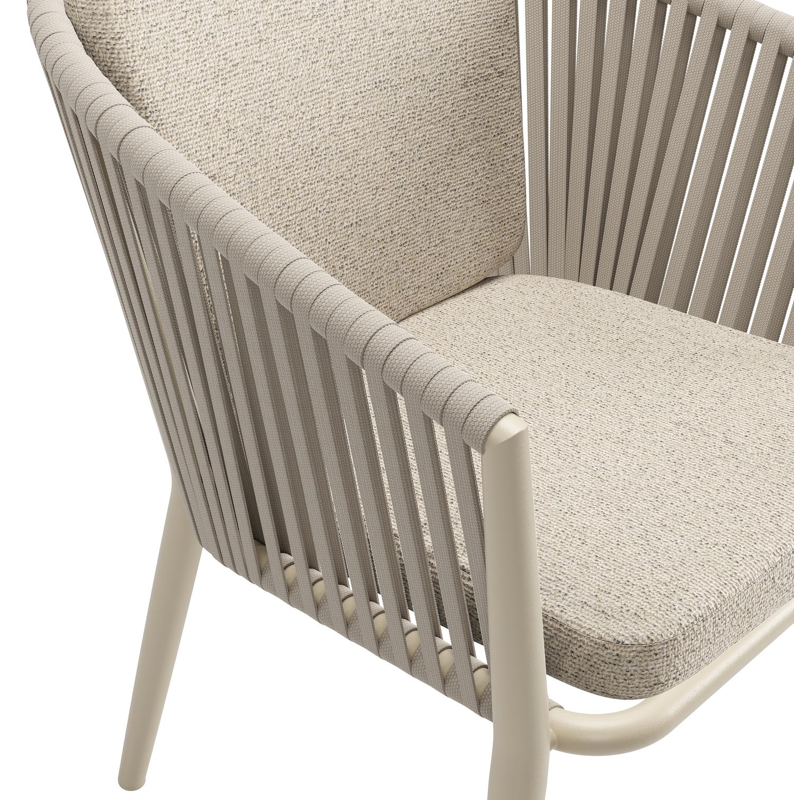 Chaise de jardin Orso en aluminium beige et corde plate tissée verticalement beige avec coussin All Weather Cosytica Marbella Beige