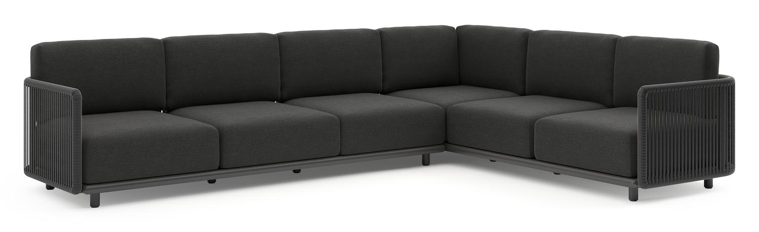 Organo loungehoek in zwart aluminium en zwart verticaal geweven luxe vlakke rope met chartres sooty all weather sunbrella® luxe kussens