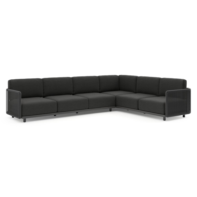 Organo loungehoek in zwart aluminium en zwart verticaal geweven luxe vlakke rope met chartres sooty all weather sunbrella® luxe kussens