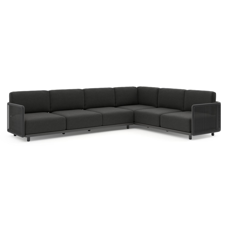 Organo loungehoek in zwart aluminium en zwart verticaal geweven luxe vlakke rope met chartres sooty all weather sunbrella® luxe kussens