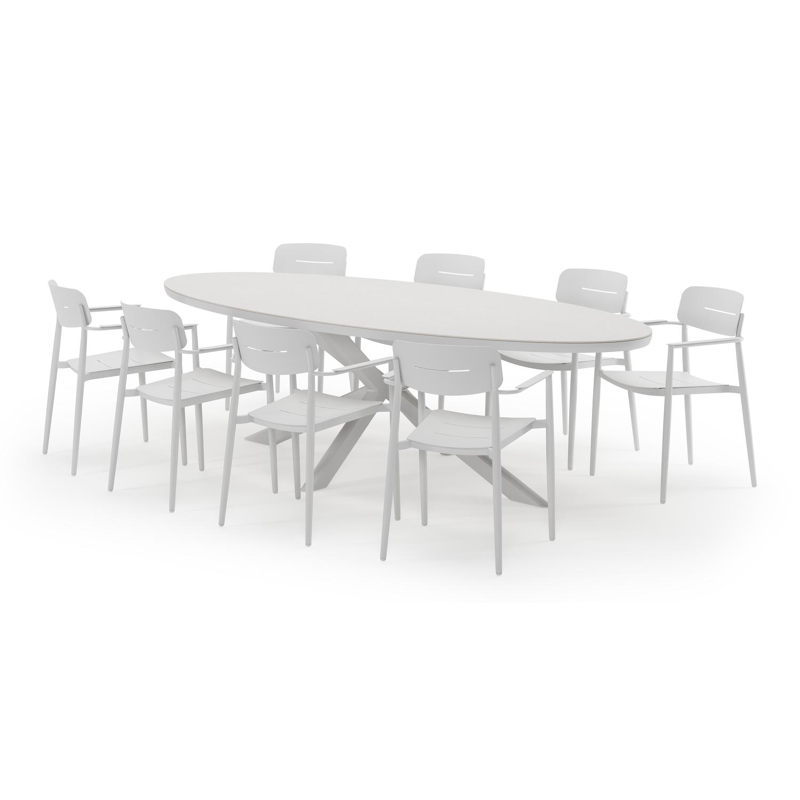 Pamplona ovale tuinset in wit aluminium en sintered stone topo minerale met 8 Cosa tuinstoelen