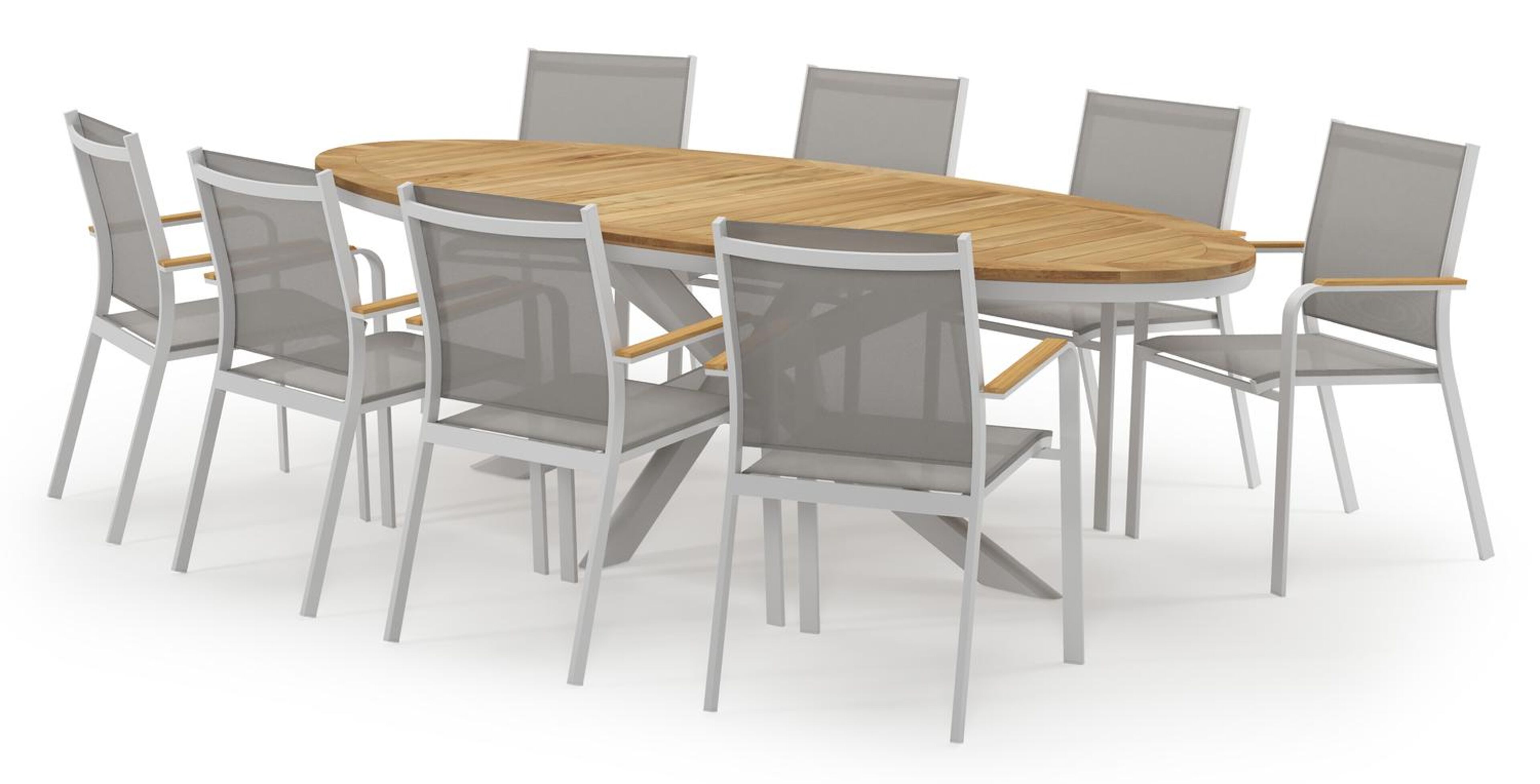 Pamplona ovale tuinset in wit aluminium en teak natural finish met 8 Amalfi tuinstoelen