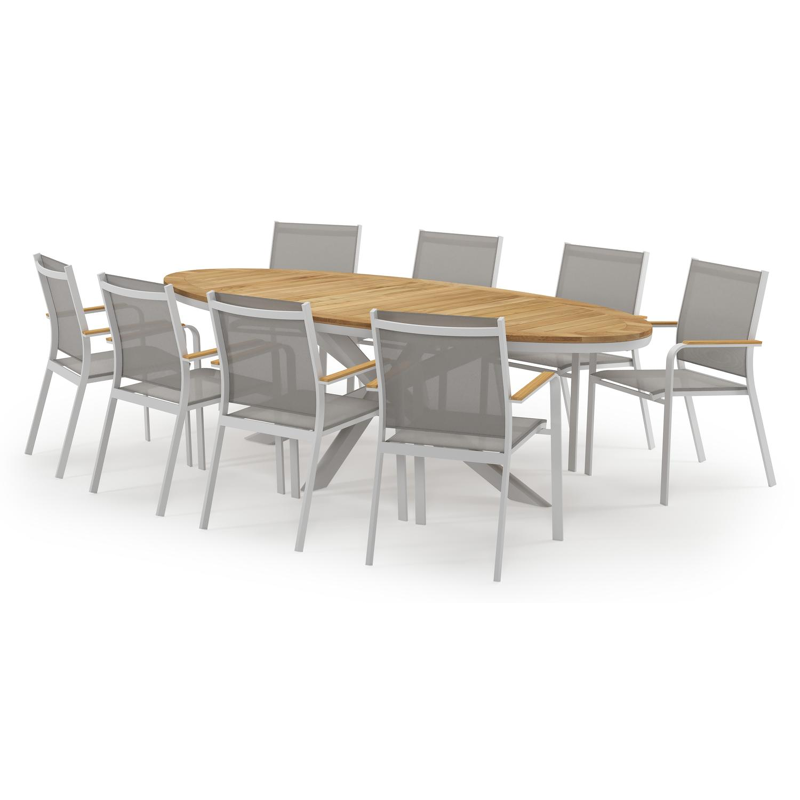 Pamplona ovale tuinset in wit aluminium en teak natural finish met 8 Amalfi tuinstoelen