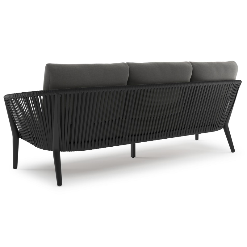 Orso loungeset in zwart aluminium en aluminium met natte charcoal chine All Weather Sunbrella® Luxe kussens en loungetafel