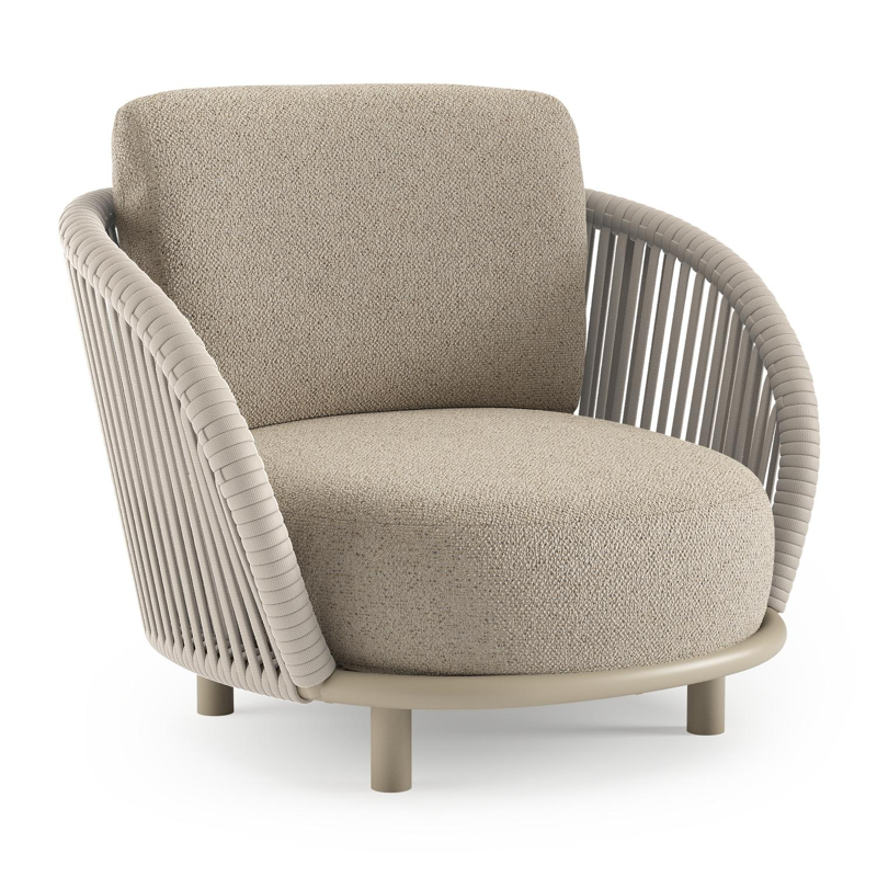 Lupino loungestoel in beige aluminium en beige verticaal geweven luxe vlakke brede rope met bora desert all weather cosytica kussen