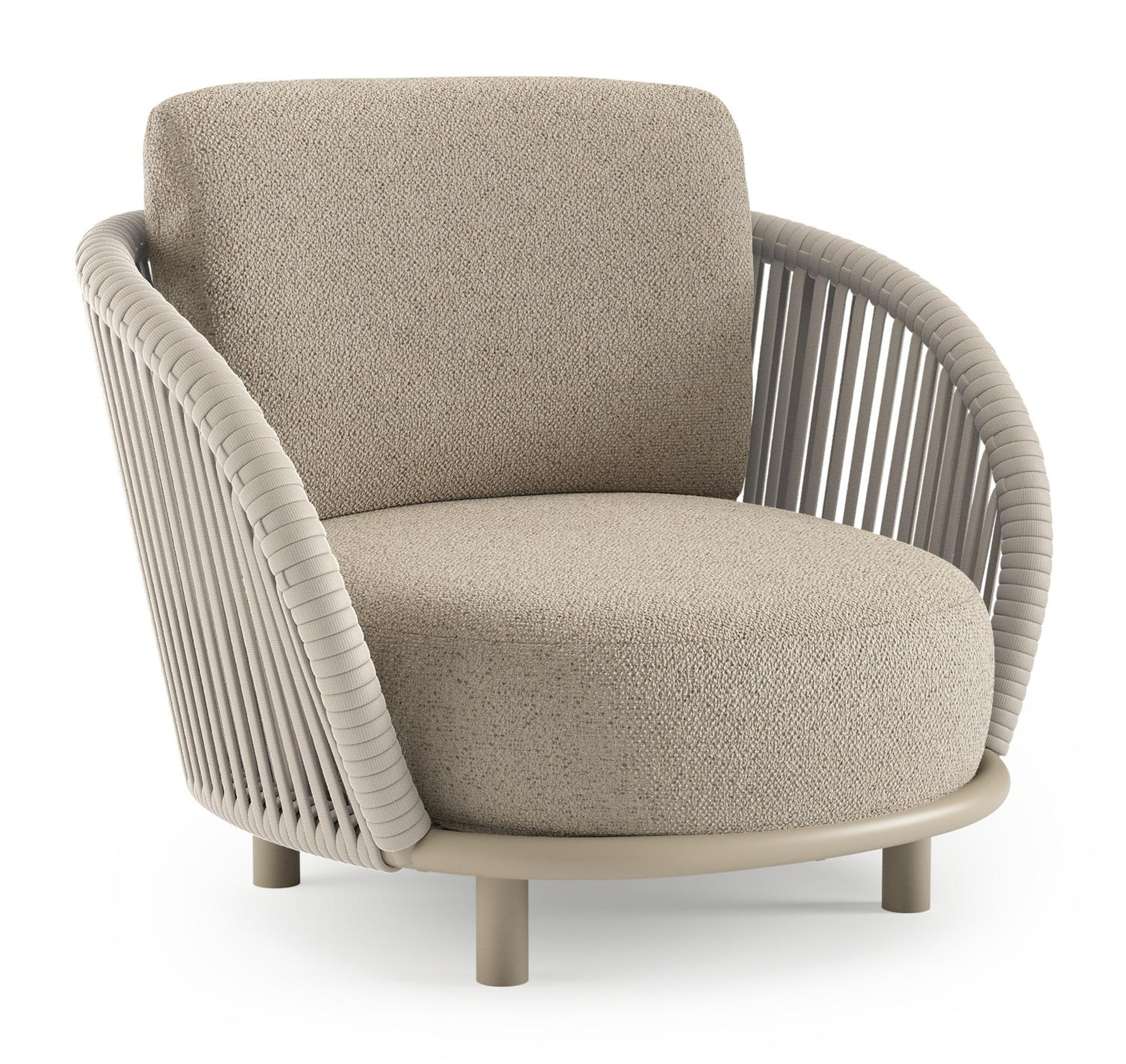 Lupino loungestoel in beige aluminium en beige verticaal geweven luxe vlakke brede rope met bora desert all weather cosytica kussen
