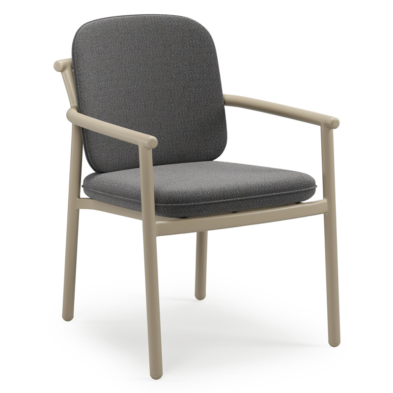 Bono stapelbare tuinstoel in beige aluminium met stoelkussen in All Weather Sunbrella® Luxe Savane Tornado