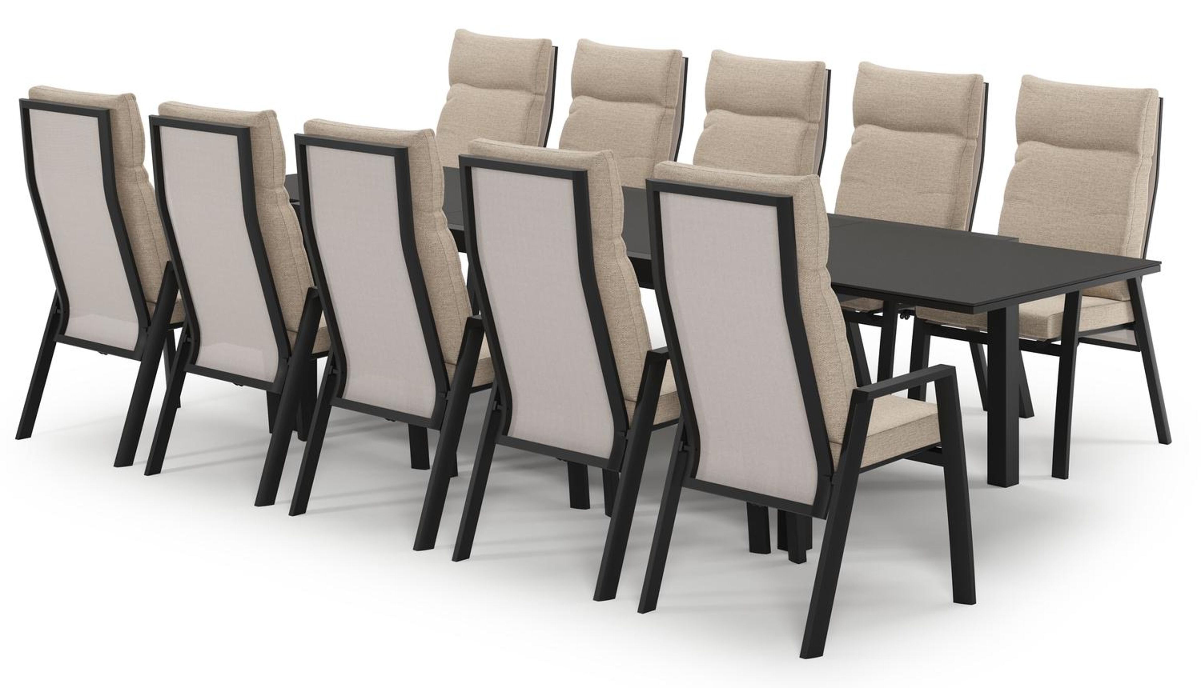 Calobra uitschuifbare tuinset in zwart aluminium en notte minerale sintered stone met 10 Leon tuinstoelen