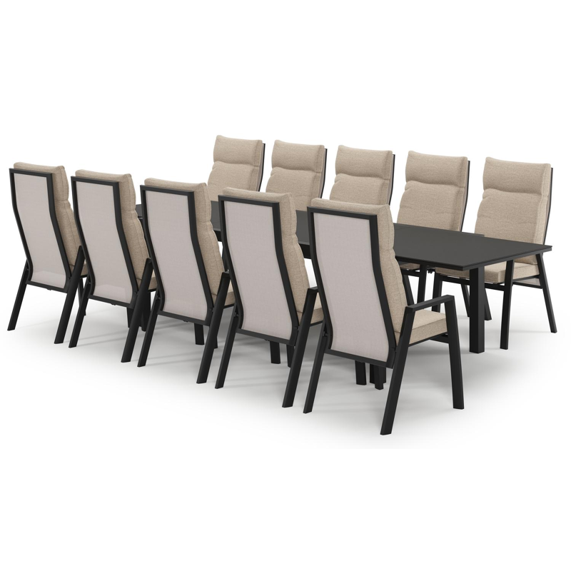 Calobra uitschuifbare tuinset in zwart aluminium en notte minerale sintered stone met 10 Leon tuinstoelen