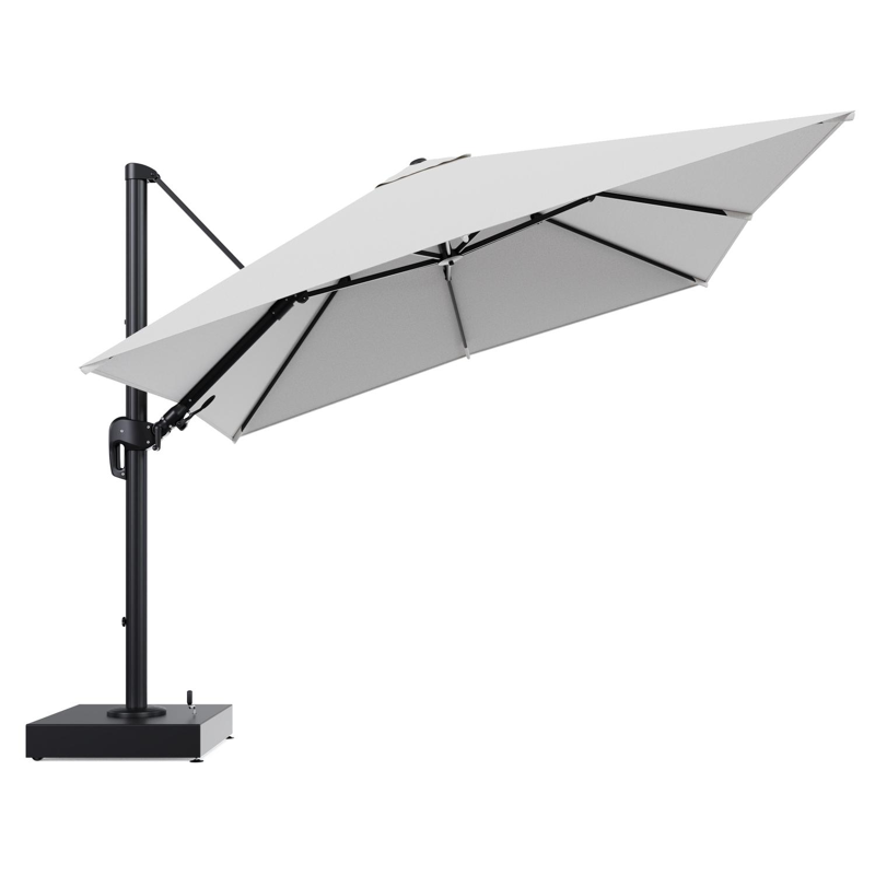 Rufina zweefparasol met tiltfunctie in zwart aluminium en Ego Birch All Weather Solica parasoldoek - L1 300 x L2 300 cm met parasolvoet Minore 150 kg met wielen