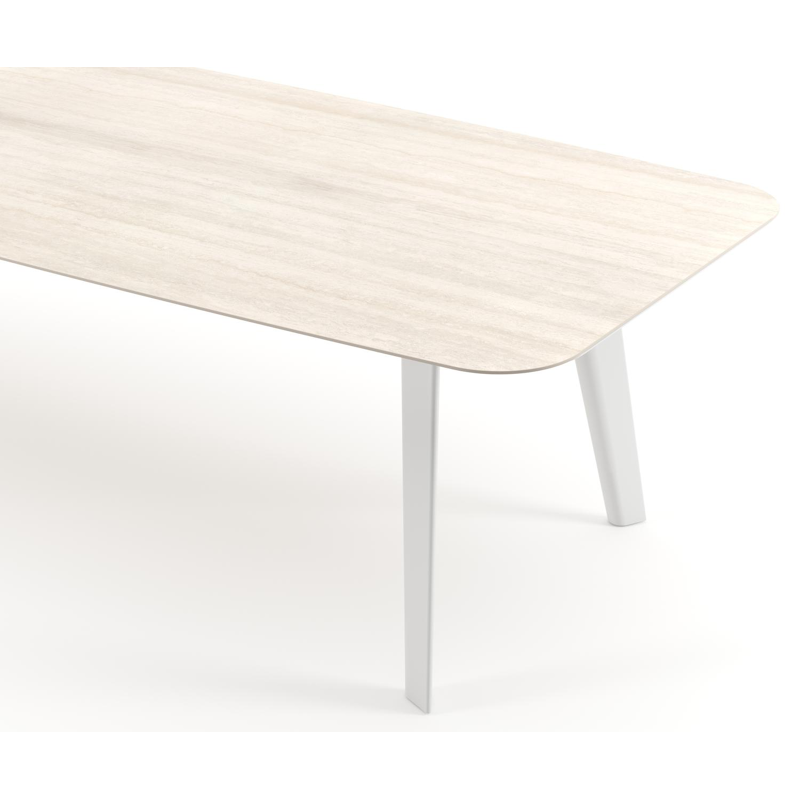 Lacrima tuintafel bootvorm in wit aluminium en volkeramiek Travertino Bianco - L 315 x B 115 x H 73 cm