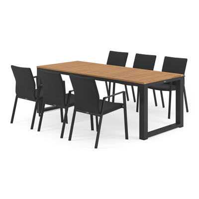 Livo tuinset in zwart aluminium en naturel teak tafelblad met 6 stapelbare Madura tuinstoelen