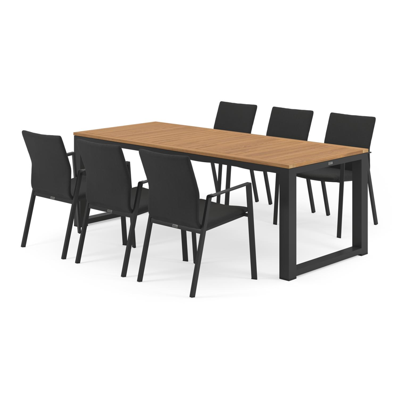 Livo tuinset in zwart aluminium en naturel teak tafelblad met 6 stapelbare Madura tuinstoelen