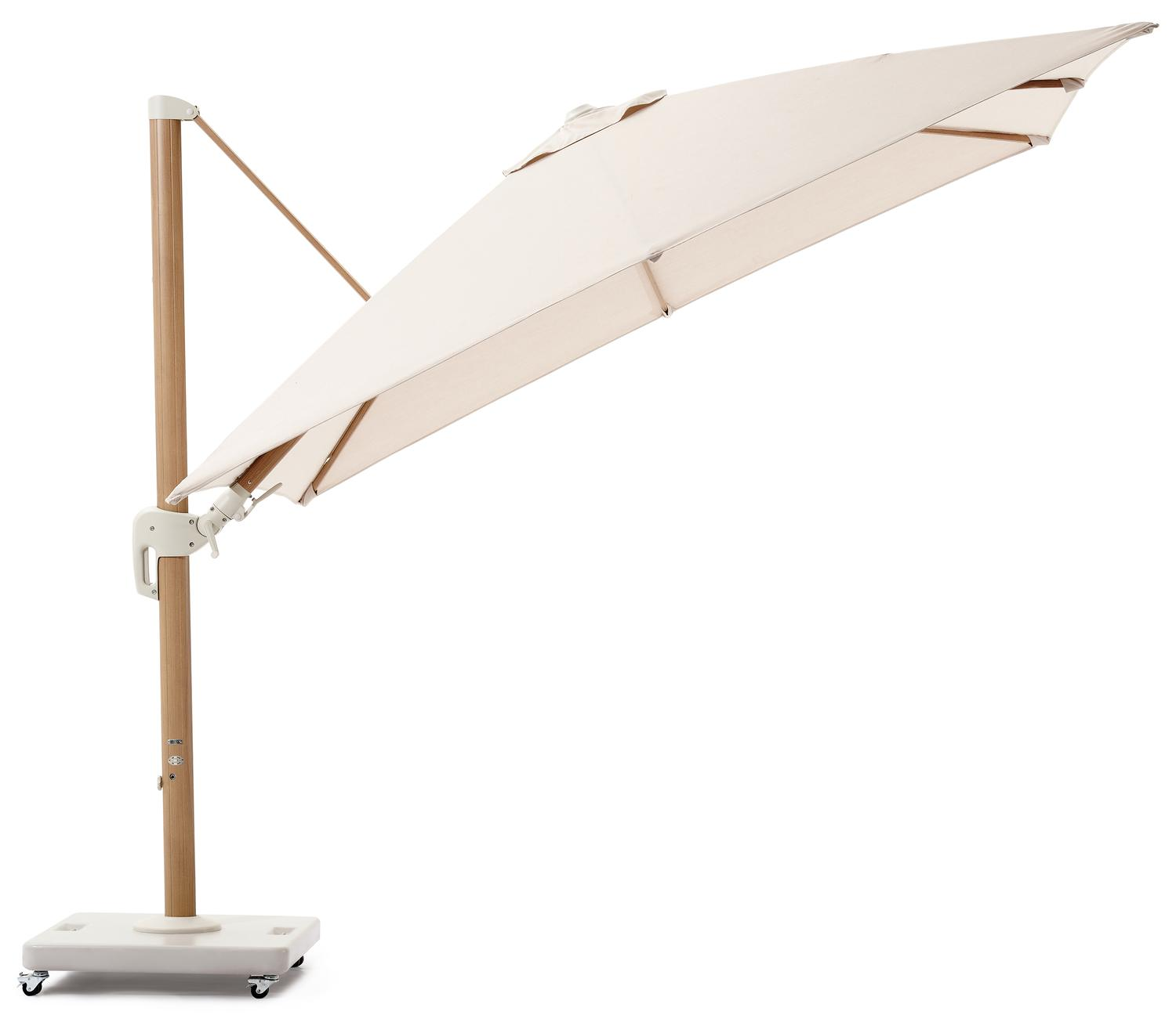 Rufina zweefparasol met tiltfunctie in aluminium houtlook en Sunbrella Premium beige - L1 300 x L2 300 cm met parasolvoet