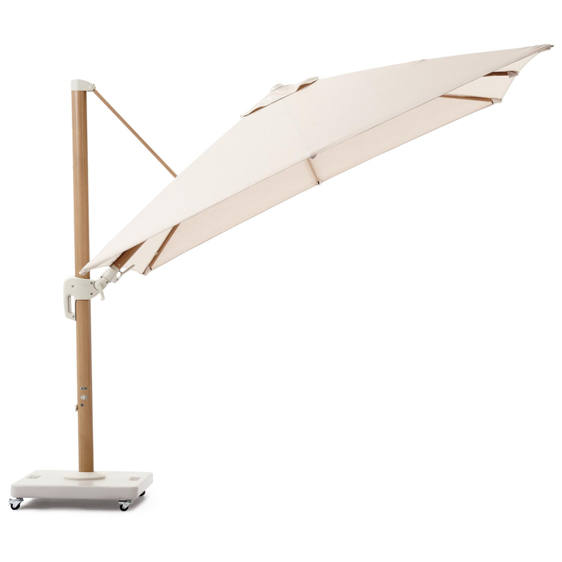 Rufina zweefparasol met tiltfunctie in aluminium houtlook en Sunbrella Premium beige - L1 300 x L2 300 cm met parasolvoet