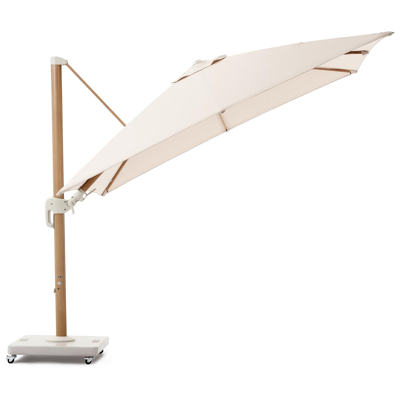 Parasol pendant Rufina avec function tilt en aluminium aspect de bois et Sunbrella Premium beige - L1 300 x L2 300 cm avec pied de parasol