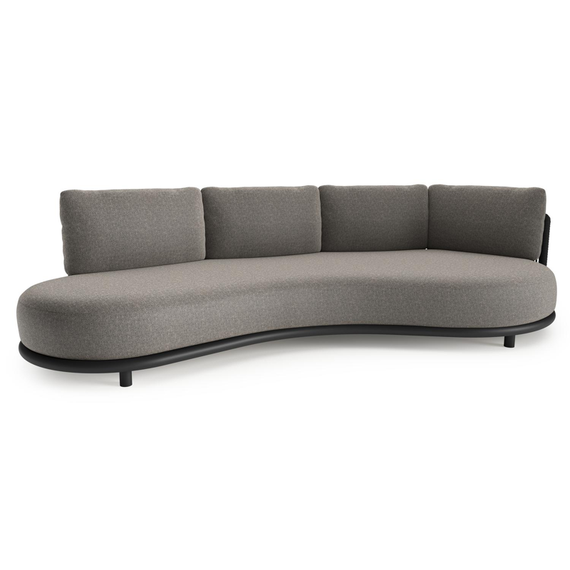 Lomano loungebank in zwart aluminium en zwart verticaal geweven luxe vlakke rope met chartres drizzle all weather sunbrella® luxe kussen