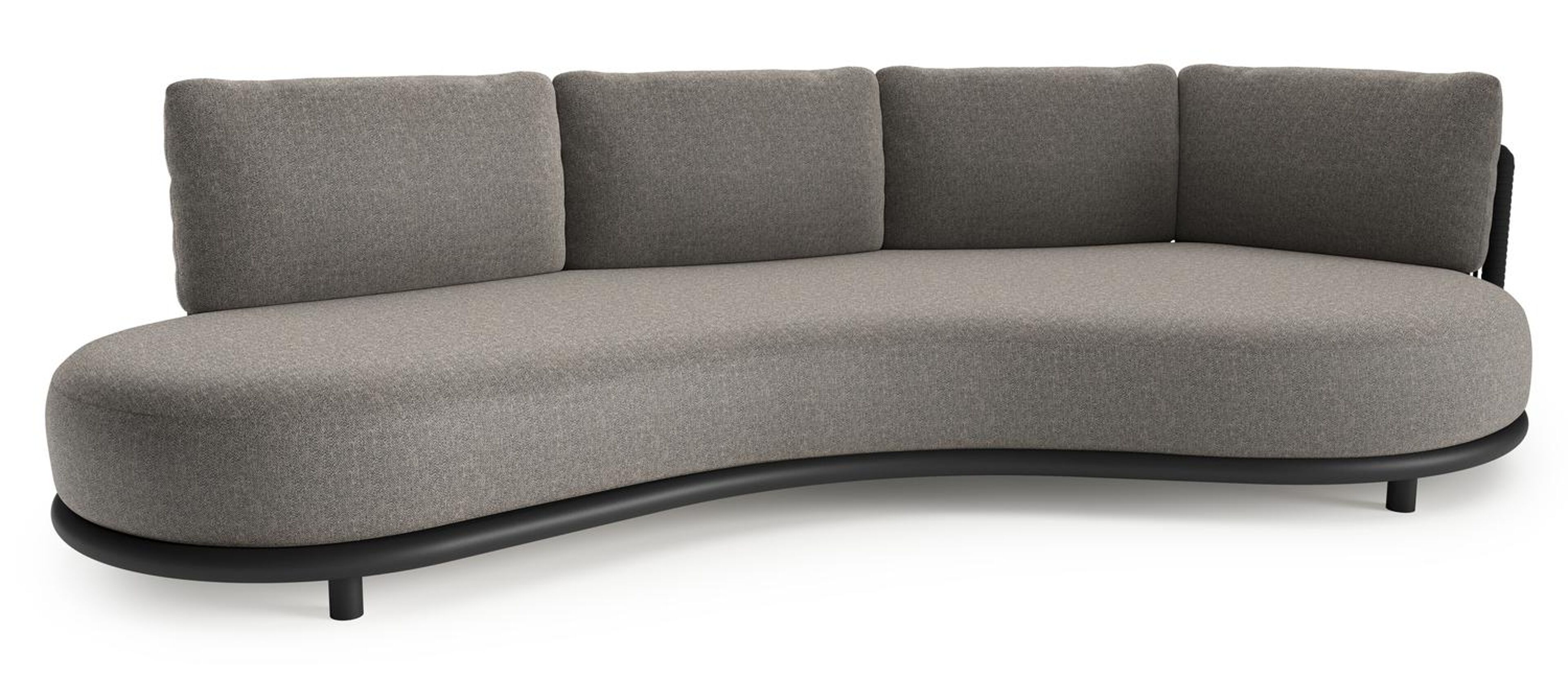 Lomano loungebank in zwart aluminium en zwart verticaal geweven luxe vlakke rope met chartres drizzle all weather sunbrella® luxe kussen