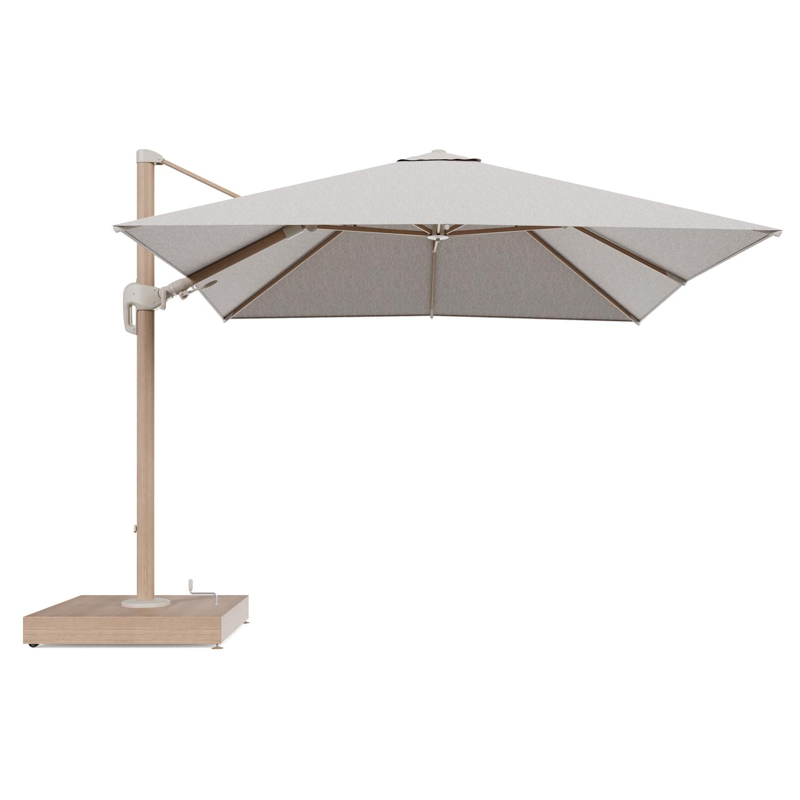 Rufina zweefparasol met tiltfunctie in houtlook aluminium en Tundra Sand All Weather Sunbrella® Luxe parasoldoek - L1 300 x L2 300 cm met parasolvoet Minore 260 kg met wielen