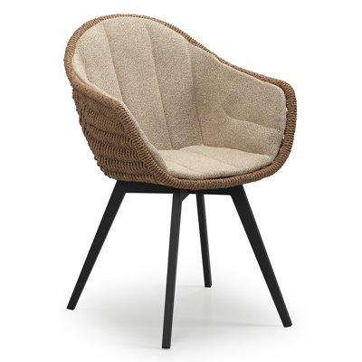 Pagino tuinstoel in zwart aluminium en bruin ronde wicker met zitkussen in All Weather Cosytica Madagascar Oak