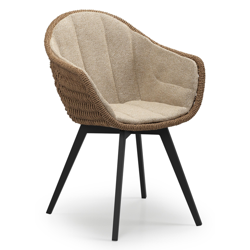 Pagino tuinstoel in zwart aluminium en bruin ronde wicker met zitkussen in All Weather Cosytica Madagascar Oak