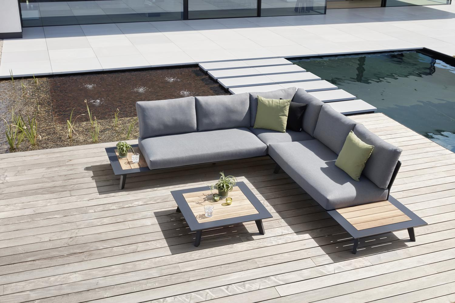 Puglia loungehoek in zwart aluminium en teak met grijs weather+ softtouch kussens