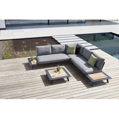 Puglia loungehoek in zwart aluminium en teak met grijs weather+ softtouch kussens