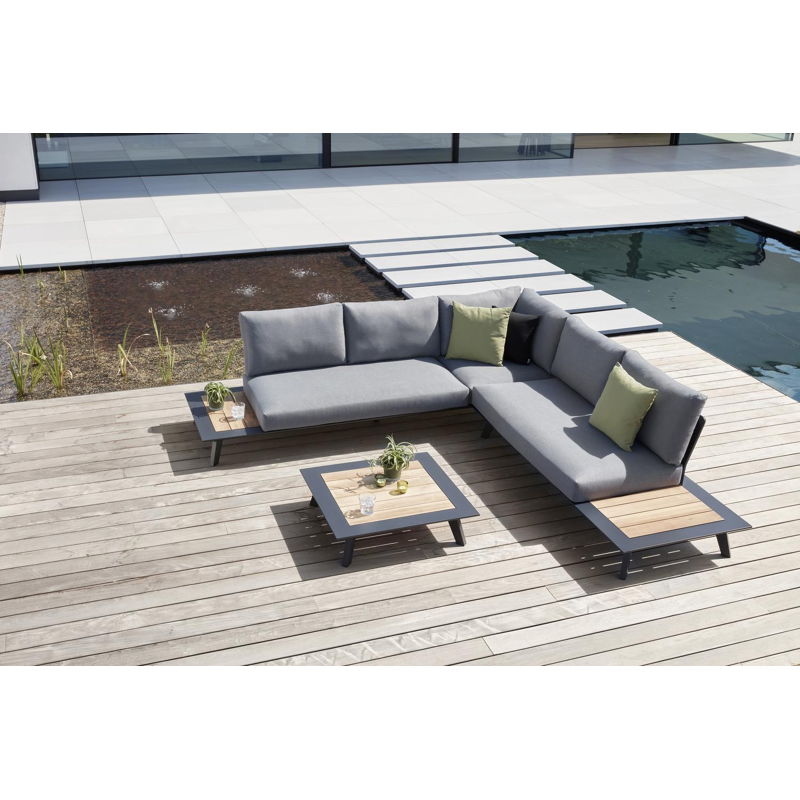 Puglia loungehoek in zwart aluminium en teak met grijs weather+ softtouch kussens