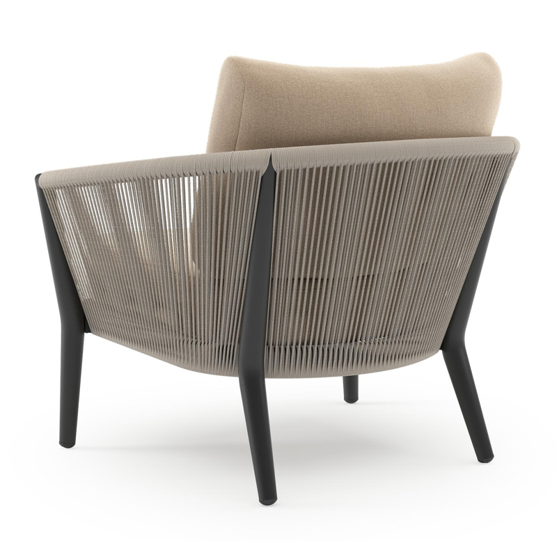Orso loungestoel in zwart aluminium en beige verticaal geweven ronde rope met Natte Heather Beige all weather sunbrella® luxe kussen