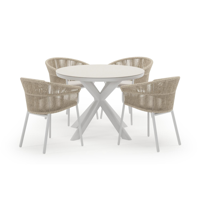 Pamplona ronde tuinset in wit aluminium en sintered stone crema minerale met 4 Matera tuinstoelen