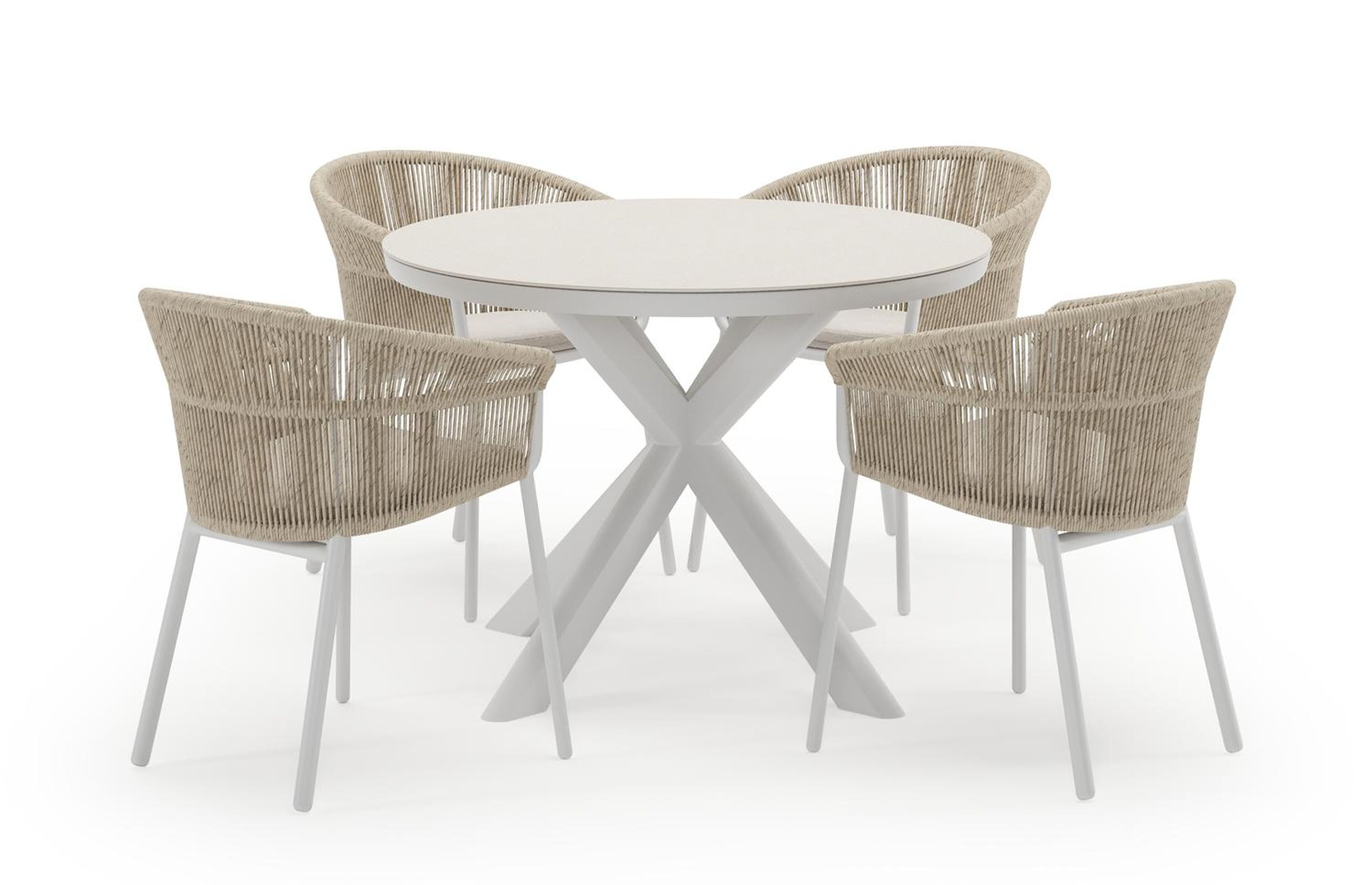 Pamplona ronde tuinset in wit aluminium en sintered stone crema minerale met 4 Matera tuinstoelen