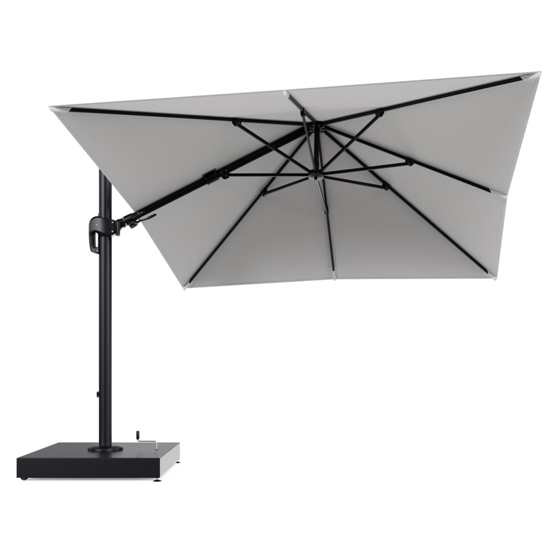 Rufina zweefparasol met tiltfunctie in zwart aluminium en Soul Optik All Weather Solica parasoldoek - L1 300 x L2 300 cm met parasolvoet Minore 260 kg met wielen