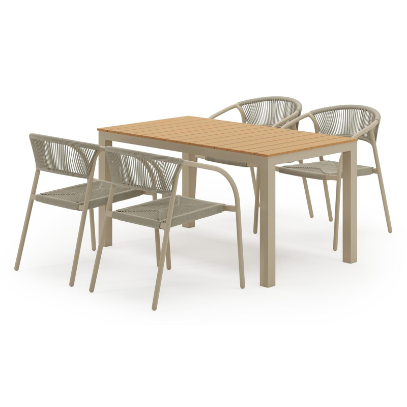 Toma tuinset in beige aluminium en polywood met 4 stapelbare Melo tuinstoelen