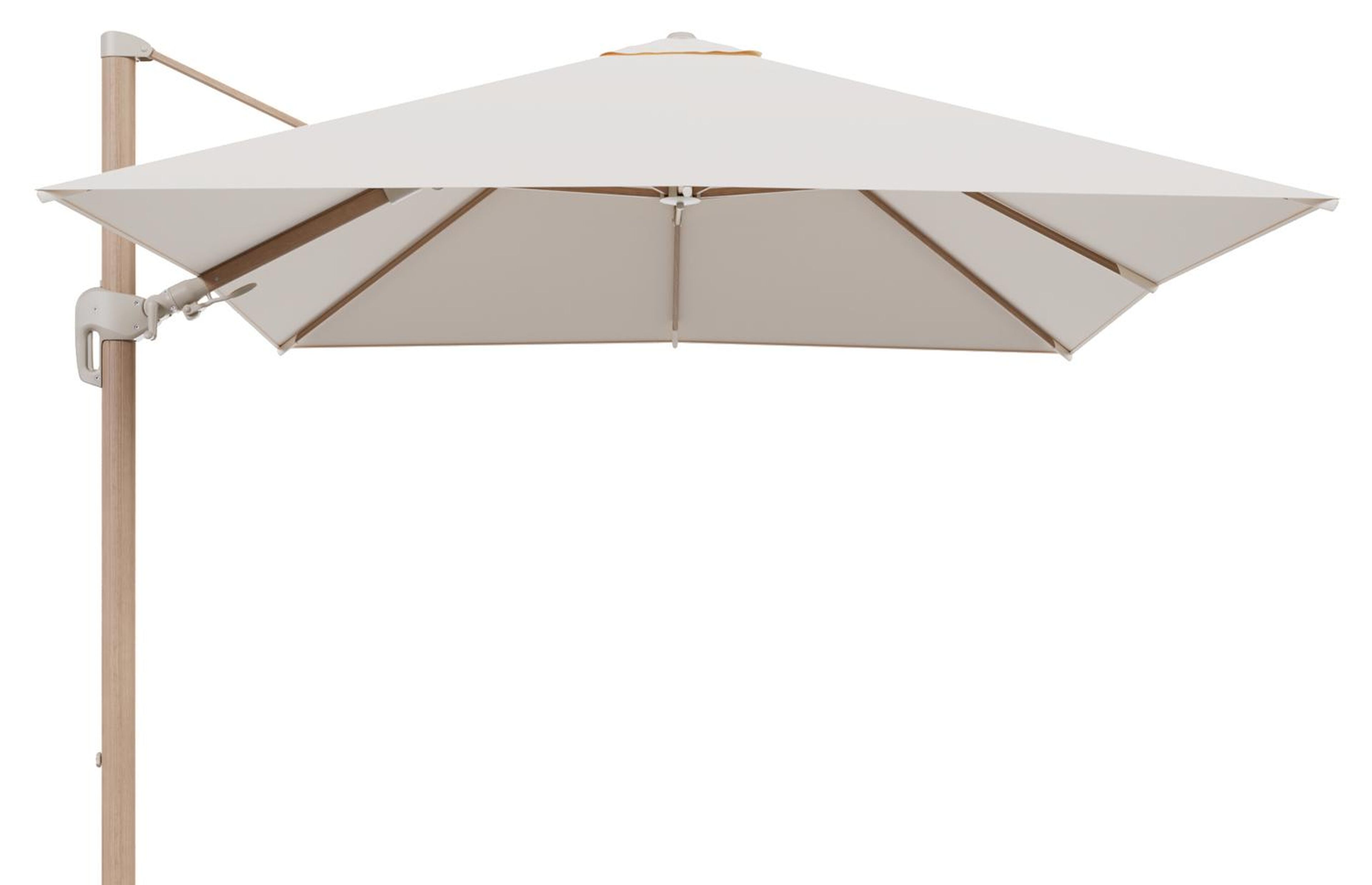 Rufina zweefparasol tiltfunctie in houtlook aluminium en parasoldoek in All Weather Sunbrella® Luxe Natte Linen Chalk  - L1 300 x L2 300 cm (zonder voet) (zonder voet)