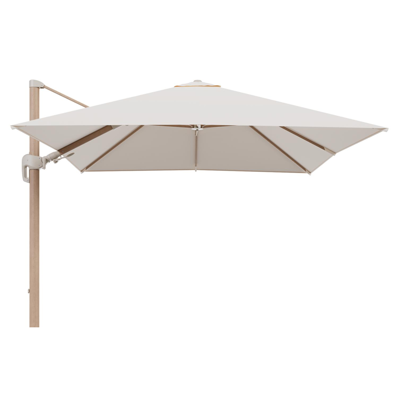 Rufina zweefparasol tiltfunctie in houtlook aluminium en parasoldoek in All Weather Sunbrella® Luxe Natte Linen Chalk - L1 300 x L2 300 cm (zonder voet) (zonder voet)