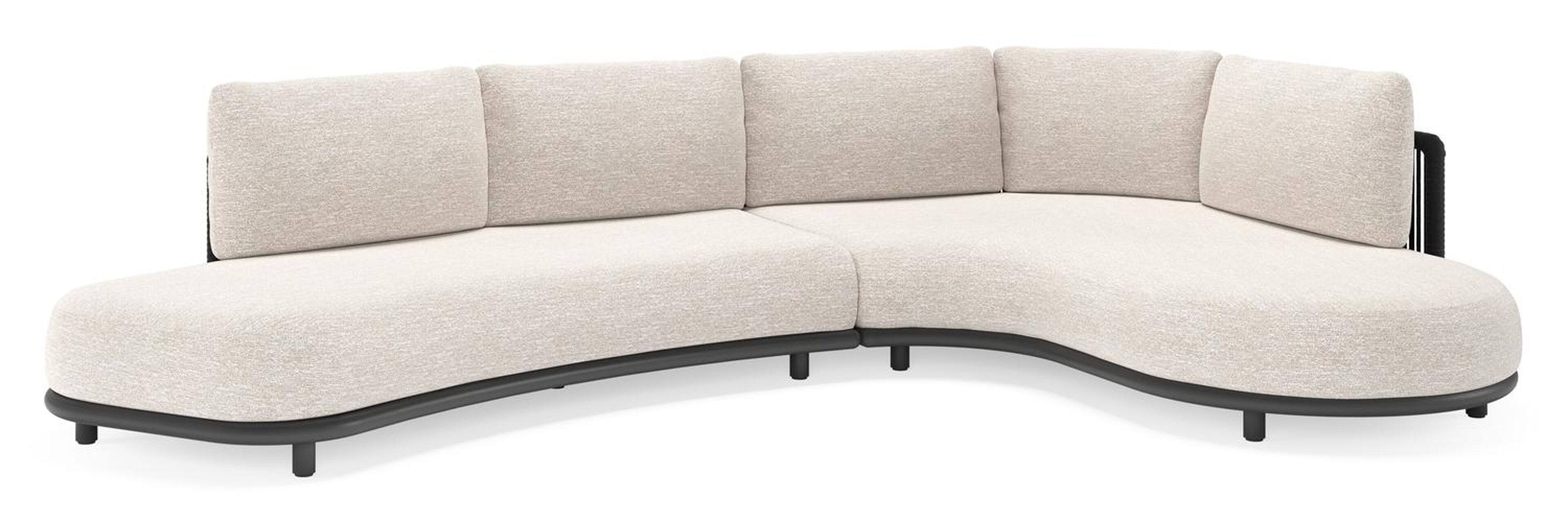 Lomano loungehoek in zwart aluminium en zwart verticaal geweven luxe vlakke rope met tundra sand all weather sunbrella® luxe kussen