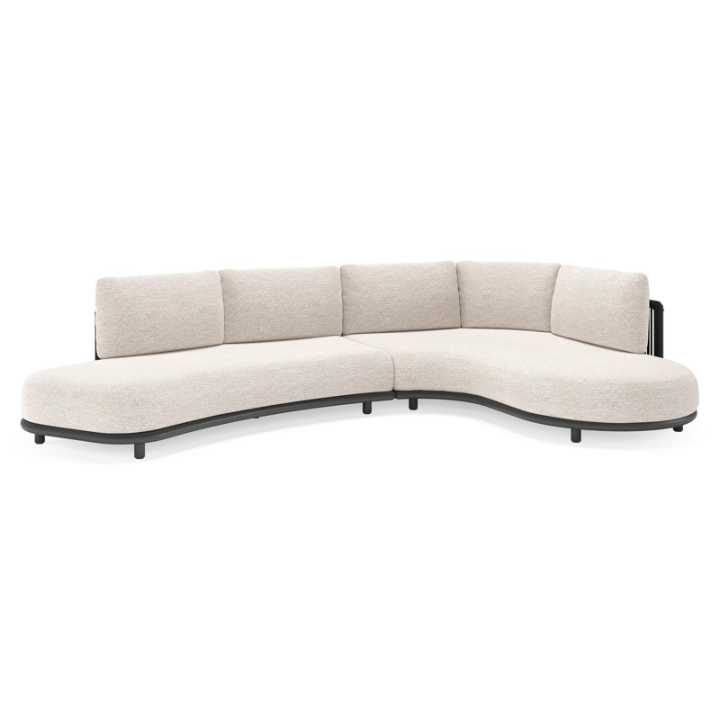 Lomano loungehoek in zwart aluminium en zwart verticaal geweven luxe vlakke rope met tundra sand all weather sunbrella® luxe kussen