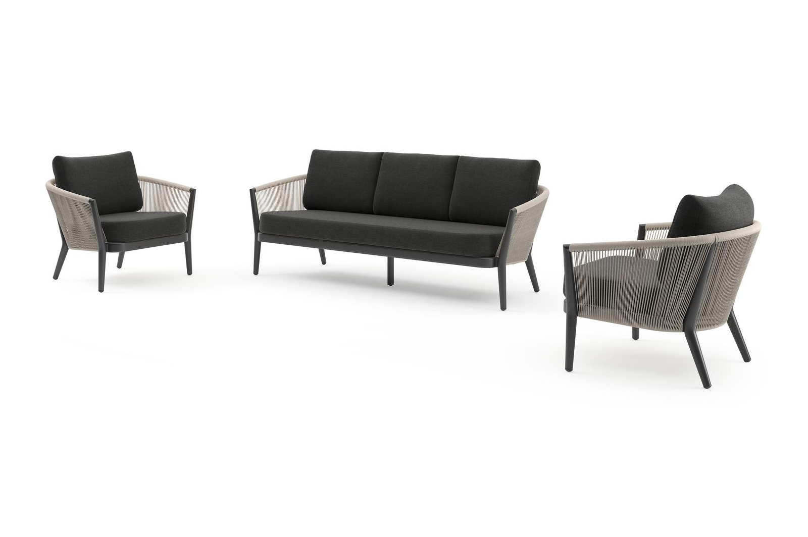 Salon de jardin Orso en aluminium noir en corde ronde tissée verticalement beige et coussins en all weather sunbrella® luxe Chartres Sooty