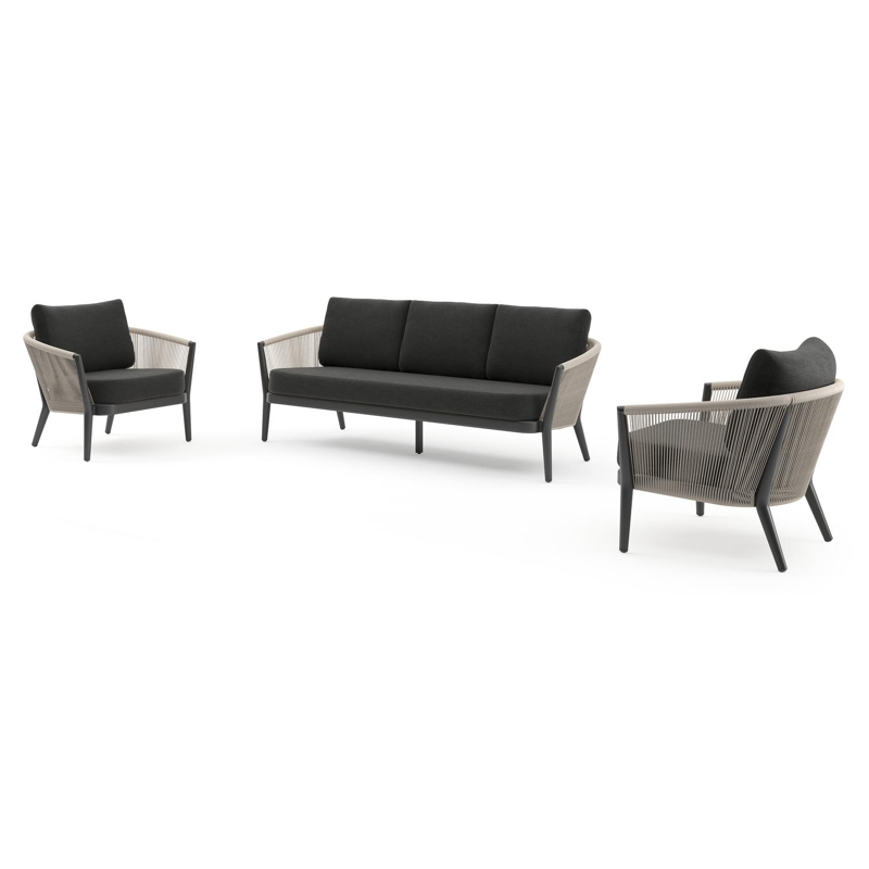 Orso loungeset in zwart aluminium en beige verticaal geweven ronde rope met Chartres Sooty all weather sunbrella® luxe kussen